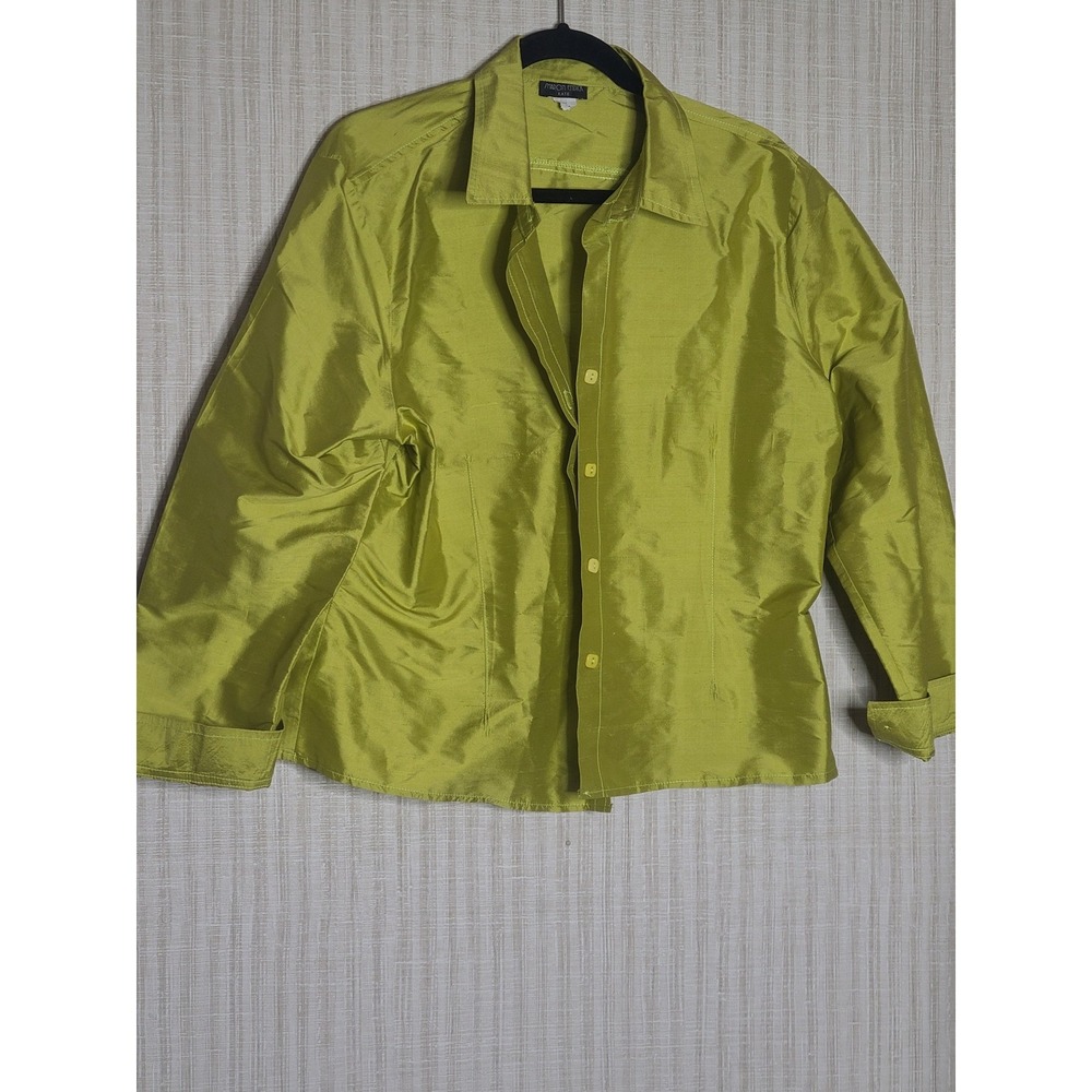 Vintage SHARON ENDICK KATE 100% Silk Button Up Shirt Jacket Lime Green